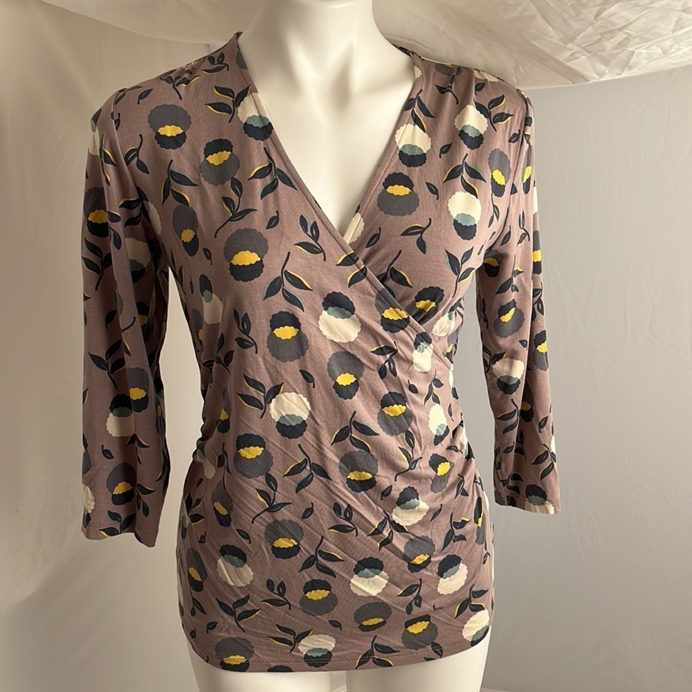 Boden Aubergine multicolor floral stretch faux ruched wrap top